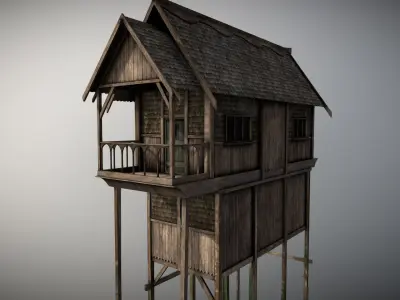 Medieval Lake Village - House 3 with interiors Low-poly 3D model