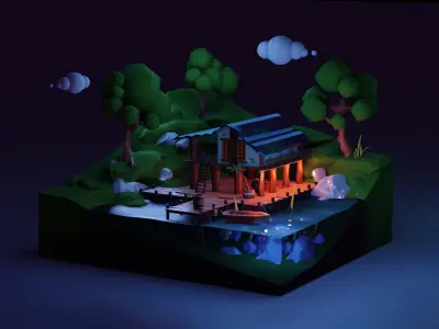 Low Poly isometric Lake House Day and Night version Low-poly 3D model
