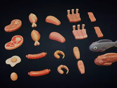 Meat Raw and Cooked - Stylized Kitchen Pack - Part 15 Low-poly 3D model