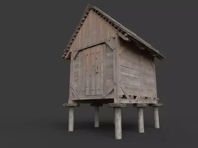 Enterable small medieval granary Low-poly 3D model