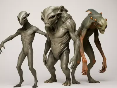 Pack of 3 Realistic Alien High Detail Sci Fi Character Low-poly 3D model