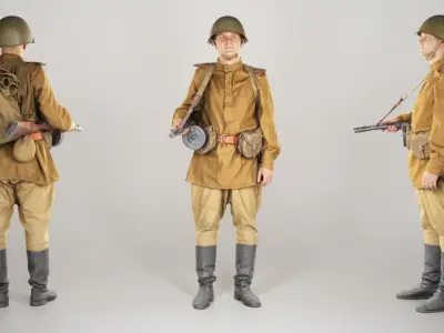 Soviet private soldier with machine gun 224 Low-poly 3D model