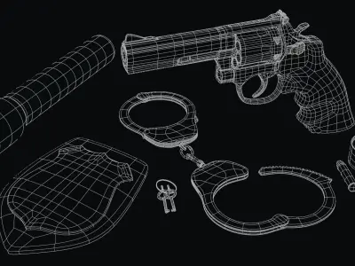 Detective Props Kit - Magnum Gun-Bullet-Police Badge-Handcuffs 3D model