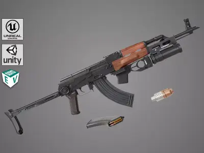 AKMS Light Machine Gun 10 Wood All PBR Unity UE Textures Low-poly 3D model