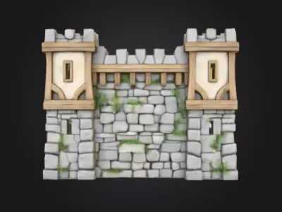 Whimsical Medieval Village Wall Section Low-poly 3D model