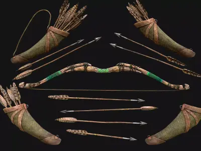 Wooden Bow and Quiver Ranger Set Medieval  Low-poly 3D model