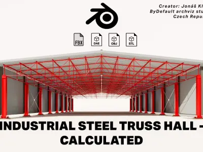 Industrial steel truss hall - calculated 3D model