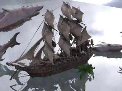 Frigate Ship And Megalodon Sharks Kitbash 3D model