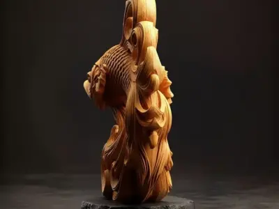 Golden Wood Carved Koi Fish Sculpture Ornate AsianInspired Art Low-poly 3D model