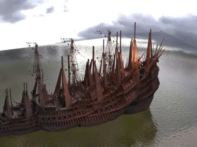Emperors Asian Red Fin sailed Ship base ruin 3D model