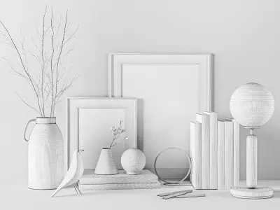 Decorative set bookshelf with bird figurines 3D model