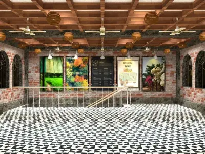 Retro Coffee shop interior and exterior scene 3D model
