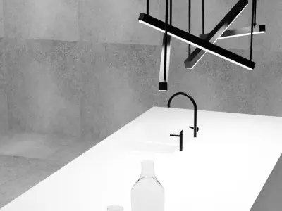 Kitchen island joinery with overhanging feature pendant lighting 3D model