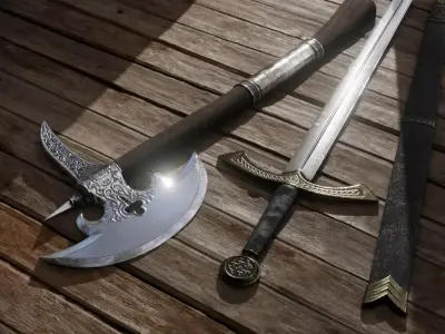 Medieval weapon set sword and axe Low-poly 3D model
