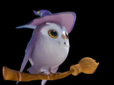 Cartoon owl- magic messenger with flying broom 3D model