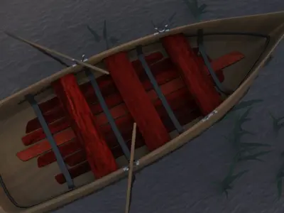 Simple wooden rowboat and fishing boat Low-poly 3D model