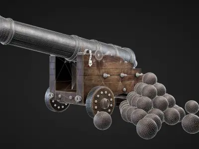 Cannon with balls Low-poly 3D model
