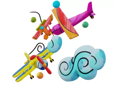 Aircraft Biplane Scenery - Aeroplane Toy - Sky Transport Low-poly 3D model