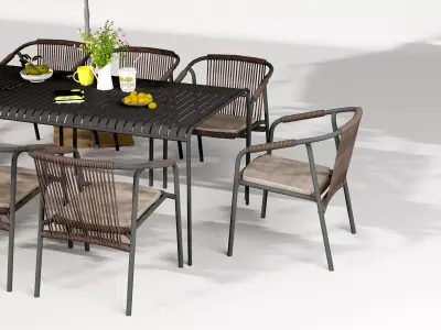 Modern Outdoor Wicker Dining Set with Umbrella Low-poly 3D model