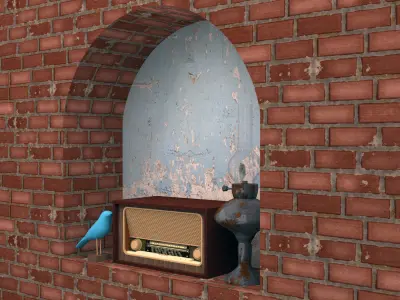 Radio and old lamp with bird statue 3D model