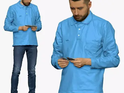 001297 man with beard in blue polo and jeans with money 3D model