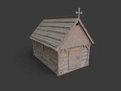 Enterable medieval wooden chapel Low-poly 3D model