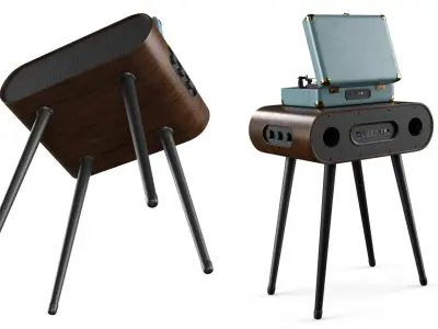 Portable Suitcase Turntable on Wooden Speaker Stand 3D model