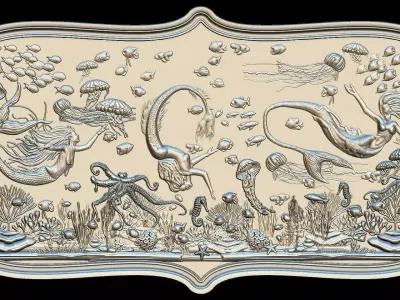 Aquatic Mermaid Theme Panno v4 STL for CNC Relief engraving 3D model