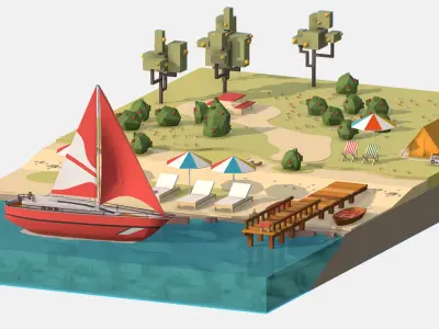 Red Yacht Scene MotorBoat Red Low-poly 3D model