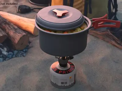 Hiking Soup Pot Red Handle Gas Stove Setup 3D model