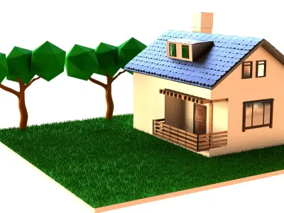 realistic low poly house with grass and trees Free low-poly 3D model
