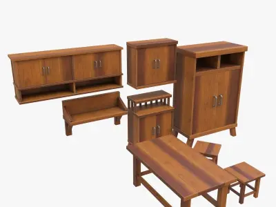 furniture set of wooden 3D model