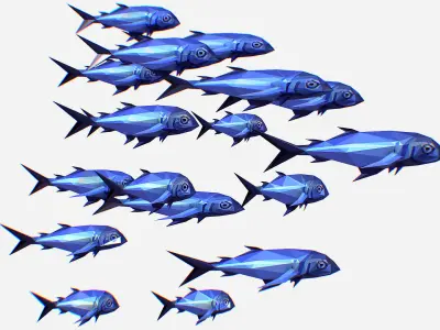 Animated Low Poly Art Flock Blue Sea Fish Low-poly 3D model