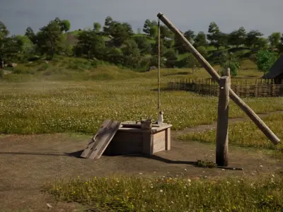 Medieval wooden water well with gallows Low-poly 3D model