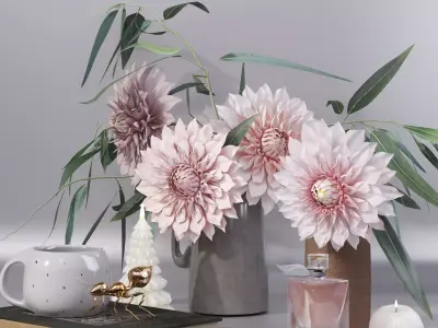 Garden Dahlia bouquet flowers vase decor set  3D model