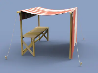 Marketplace table and chairs with striped canopy 3D model