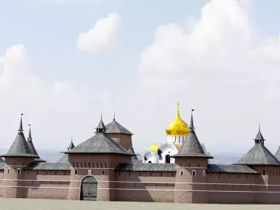 Fortress brick castle in middle of field Low-poly 3D model