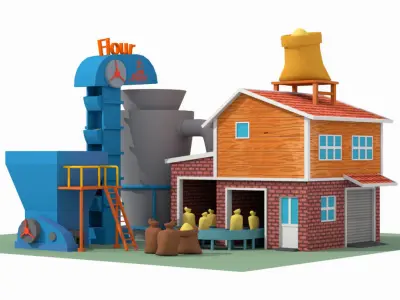 Lowpoly Flour Factory for game Free low-poly 3D model