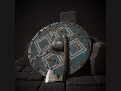 Viking axe and shield with geometric ornament Low-poly 3D model