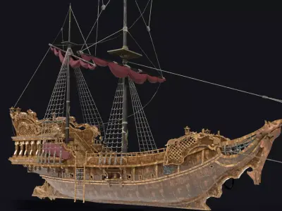 Realistic pirate ship Low-poly 3D model