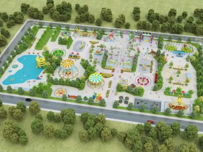 Cartoon colorful childrens theme park many amusement equipment Low-poly 3D model