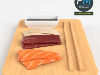 Sushi sashimi and soy sauce 3D model