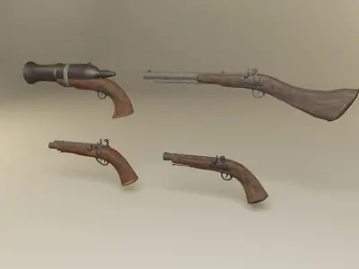 Flintlock pirate guns and shotguns and hand cannons collection Low-poly 3D model