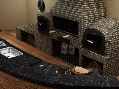 Rustic Outdoor Gourmet Kitchen and BBQ Set 3D model