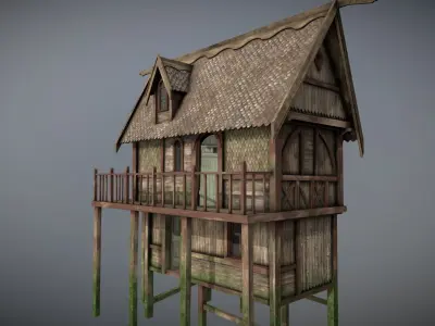 Medieval Lake Village - House 19 with interiors Low-poly 3D model