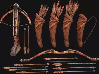 Bow Crossbow Quiver Arrows Archer Medieval Set Low-poly 3D model