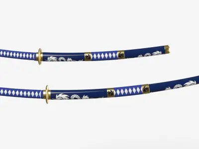 Blue Double Bladed Katana Wakizashi and Stand 3D model