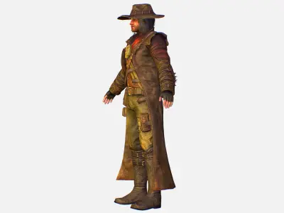 Man Cowboy Leather Coat Wide-Brimmed Hat Game Character Low-poly 3D model