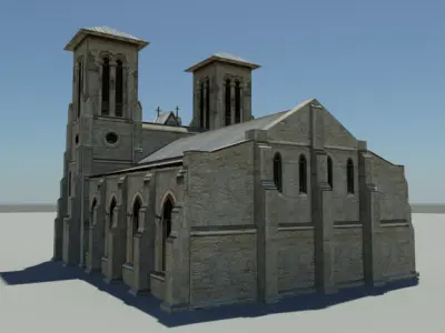 Cathedral church with two towers Low-poly 3D model