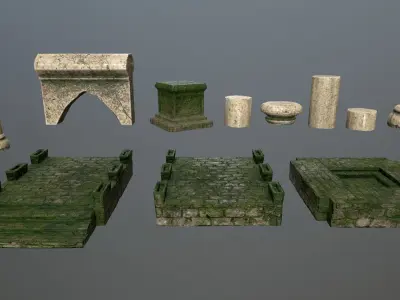 Altar Set stone wall with grass Low-poly 3D model